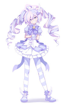 1girl absurdres blue_archive bow bowtie commentary_request crossed_arms drill_hair full_body gloves hair_ornament halo highres legs_apart magical_girl multicolored_hair official_alternate_costume pantyhose pink_hair pink_halo puffy_short_sleeves puffy_sleeves purple_bow purple_bowtie purple_pantyhose reisa_(blue_archive) reisa_(magical)_(blue_archive) shoes short_sleeves smile solo standing star_(symbol) star_hair_ornament star_halo striped_clothes striped_pantyhose twin_drills two-tone_hair two-tone_pantyhose white_background white_gloves white_wrist_cuffs wing_hair_ornament winged_shoes wings wrist_cuffs zhuzhuw