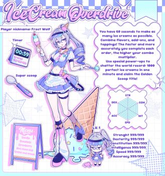 1girl alternate_costume apron boots chibi commentary commentary_request crop_top drill_hair drill_ponytail english_commentary english_text food food-themed_hair_ornament grey_eyes grey_hair grid_background hair_between_eyes hair_ornament highres holding holding_food holding_ice_cream holding_ice_cream_cone holding_ice_cream_scoop_(utensil) honkai:_star_rail honkai_(series) ice_cream ice_cream_cone ice_cream_hair_ornament ice_cream_scoop_(utensil) level_up looking_at_viewer maegjuw midriff navel necktie open_mouth pink_necktie purple_shirt purple_skirt sandwich_board shirt short_sleeves silver_wolf_(honkai:_star_rail) silverleveling_(honkai:_star_rail) single_drill skirt stats thigh_strap visor_cap waist_apron waitress white_background