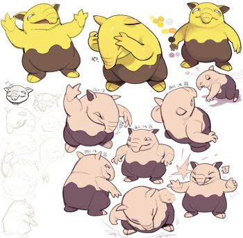 ! arm_up closed_eyes closed_mouth color_guide commentary_request drowzee gen_1_pokemon kumedaira multiple_views nintendo no_humans pokemon pokemon_(creature) simple_background spoken_exclamation_mark squiggle translation_request