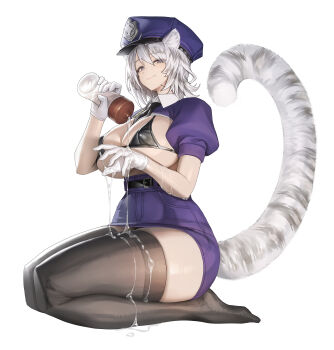 1girl absurdres adjusting_clothes adjusting_gloves animal_ears belt between_breasts bikini black_belt black_bikini black_boots black_necktie black_thighhighs blue_skirt boots bottle breast_cutout breasts commentary english_commentary full_body gloves green_eyes grey_hair hat highres huge_breasts large_breasts legs_together leopard_ears leopard_girl leopard_tail looking_at_viewer lotion_bottle lubrication micro_bikini miniskirt necktie necktie_between_breasts original police police_hat police_uniform policewoman puffy_short_sleeves puffy_sleeves short_hair short_sleeves skindentation skirt smile snow_leopard_ears snow_leopard_girl snow_leopard_tail solo spotted_tail standing strap_gap swimsuit tail thigh_gap thighhighs veksoo white_gloves white_hair wing_collar