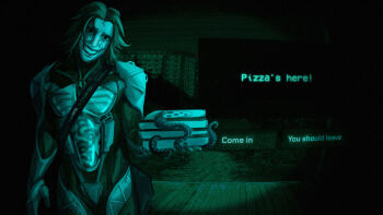 Rule 34 | armor, building, darshur, death stranding, death stranding 2: on the beach, dialogue options, english text, food, glasgow smile, green theme, head tilt, higgs (death stranding), highres, holding, holding food, holding pizza, incoming gift, limited palette, looking at viewer, medium hair, no i'm not a human, pizza, pizza box, strap, tentacles, wooden porch