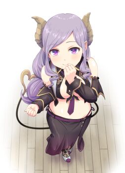 1girl bare_shoulders belt between_breasts black_skirt black_sleeves black_socks black_vest blush breasts brown_horns button_up_skirt clenched_hands closed_mouth colored_shoe_soles commentary_request crop_top cropped_vest demon_girl demon_horns demon_tail detached_sleeves from_above front-tie_bra gold_trim hand_up haniwa_(leaf_garden) high_heels highres horns lace-trimmed_sleeves lace_socks lace_trim lapels long_hair long_sidelocks long_skirt long_sleeves looking_at_viewer lowleg lowleg_skirt mole mole_under_mouth nail_polish nanashi_inc. necktie necktie_between_breasts notched_lapels open_clothes open_vest panties panty_straps parted_bangs pointy_ears pumps purple_belt purple_eyes purple_hair purple_necktie purple_panties saionji_mary saionji_mary_(1st_costume) shoes side-tie_panties side_slit sidelocks skirt smile socks solo swept_bangs tail underwear vest virtual_youtuber white_shoes wooden_floor