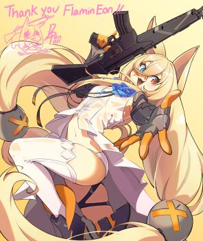 1girl :3 absurdly_long_hair absurdres animal_ears artist_name assault_rifle blonde_hair blue_flower blue_rose cat_ears cat_girl commentary commission dapenpan dress english_commentary english_text fang flower g41_(girls&#039;_frontline) girls&#039;_frontline gun h&amp;k_g41 hair_between_eyes heterochromia highres long_hair looking_at_viewer navel open_mouth outstretched_arm panties rifle rose signature simple_background skin_fang smile solo stomach thighhighs trigger_discipline twintails underwear very_long_hair weapon white_dress white_panties white_thighhighs yellow_background