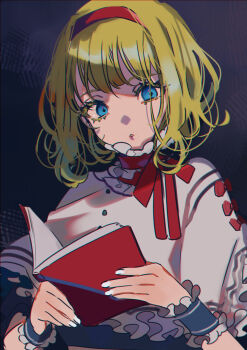 Rule 34 | :o, absurdres, alice margatroid, blonde hair, blue dress, blue eyes, book, capelet, commentary request, dress, frills, hairband, highres, holding, holding book, looking at viewer, medium hair, open book, shi chimi, short sleeves, touhou, wavy hair, white capelet, wrist cuffs