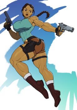 1girl abs aiming ass biceps boots braid braided_ponytail breasts brown_boots brown_shorts covered_erect_nipples dark-skinned_female dark_skin full_body gun hand_up handgun holding holding_gun holding_weapon holster lara_croft large_breasts lips long_hair looking_to_the_side muscular muscular_female outstretched_arm parted_lips pokkuti red_eyes short_shorts shorts sideboob simple_background sleeveless solo tank_top thigh_holster thigh_strap tomb_raider v-shaped_eyebrows weapon