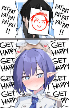 1boy 1girl absurdres aoi_(blue_archive) averting_eyes black_hair blue_archive blue_eyes blue_necktie blush closed_mouth doodle_sensei_(blue_archive) earclip english_text epaulettes furrowed_brow head_pat highres jacket meme necktie nose_blush plap_plap_plap_get_pregnant_(meme) pointy_ears portrait purple_hair ragnaveldt sensei_(blue_archive) short_hair speech_bubble upper_body white_jacket