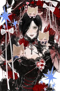 1boy 1girl ada_wong animal_ears artist_name black_dress black_hair blonde_hair blue_shirt breasts chibi claws dated dress flower gloves halloween hand_on_own_hip highres leon_s._kennedy medium_breasts mofa_shuimu_jiang open_mouth parted_bangs red_flower red_gloves red_rose resident_evil rose shirt short_hair smile swept_bangs tail tongue tongue_out upper_body vampire wolf_boy wolf_ears wolf_tail