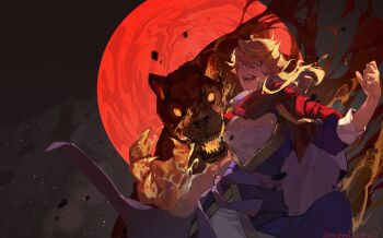 1girl animal_hands black_clover blue_coat blue_eyes breasts breath_weapon breathing_fire bright_pupils cape claws cleavage cloak coat embers fire flaming_hand full_moon glowing glowing_eyes highres large_breasts lion looking_at_viewer mereoleona_vermillion moon open_mouth orange_hair pyrokinesis red_cape red_cloak red_moon sharp_teeth short_hair sleeves_rolled_up smile teeth two-sided_cape two-sided_fabric xingji20108