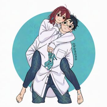 1boy 1girl alternate_costume anklet aqua_background aqua_shoes arm_around_neck ayase_momo bandaid bandaid_on_foot barefoot black_hair blue_nails blue_pants blush border brown_hair buttons carrying closed_mouth commentary_request couple cowboy_shot cropped_legs dandadan denim earrings feet full_body glasses hair_between_eyes heads_together high_heel_sandals high_heels holding holding_sandals jeans jewelry k_ysd001 leaning_on_person leaning_to_the_side long_sleeves looking_at_another matching_outfits medium_hair messy_hair nail_polish pants piggyback round_eyewear sandals ship_name shirt shoes short_hair straight-on takakura_ken_(dandadan) toenail_polish toenails toes unworn_sandals white_border white_shirt