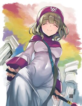 Rule 34 | 1girl, absurdres, airport96, blonde hair, breasts, commentary request, dragon quest, dragon quest ii, highres, medium breasts, medium hair, navel, princess of moonbrook, robe, rod, smile, temple, thighs