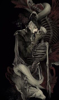 1girl animal arm_belt ascot biting black_background black_hat black_jacket bloodborne bone brown_gloves cape closed_eyes collared_jacket commentary elbow_gloves english_commentary exposed_muscle flower from_side gloves goat grey_ascot grey_cape hat hat_feather high_collar highres holding holding_skull jacket lady_maria_of_the_astral_clocktower megasus rose skeleton skull snake solo spine tricorne upper_body white_hair wolf