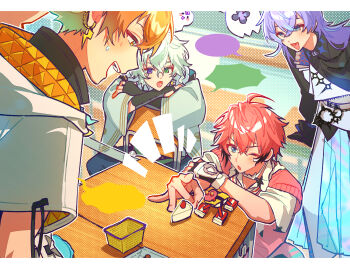4boys absurdres akagi_wen akagi_wen_(1st_costume) arm_guards black_hair black_shirt blue_eyes cake cake_slice chair commentary_request desk dithering earrings emphasis_lines food ghost gradient_hair green_eyes green_hair heterochromia highres hoshirube_sho hoshirube_sho_(1st_costume) indoors iridescent jacket jewelry letterboxed lightning_bolt_earrings lightning_bolt_symbol long_sleeves male_focus matochi_(fa) multicolored_hair multiple_boys murakumo_kagetsu murakumo_kagetsu_(1st_costume) nervous nijisanji off_shoulder one_eye_closed open_mouth orange_hair otomo_(hoshirube_sho) pink_hair pink_vest purple_eyes purple_hair shirt sitting sitting_backwards speech_bubble squatting table usami_rito usami_rito_(1st_costume) vest virtual_youtuber watakumo_(murakumo_kagetsu) white_jacket white_shirt