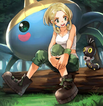 1girl blonde_hair breasts bug capri_pants collarbone gen_3_pokemon gen_6_pokemon green_eyes green_pants highres large_breasts medium_breasts midriff nintendo open_mouth pants pokemon pokemon_(creature) pokemon_xy scatterbug shirt short_hair sleeveless sleeveless_shirt smile solo surskit tugo viola_(pokemon) white_shirt worm