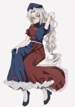 1girl bespectacled black_shoes blue_dress braid constellation_print cross cross_print dress ebuna full_body glasses grey_hair hat high_heels highres long_hair looking_at_viewer multicolored_dress nurse_cap print_dress print_hat puffy_short_sleeves puffy_sleeves red_cross red_dress shoes short_sleeves simple_background solo touhou two-tone_dress very_long_hair white_background yagokoro_eirin