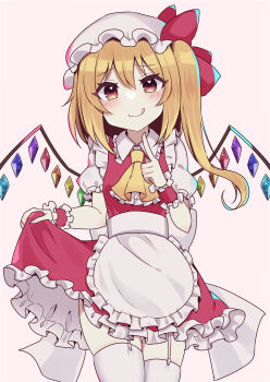 1girl :q absurdres apron ascot back_bow blonde_hair blue_gemstone blue_wings blush bow breasts brown_wings closed_mouth clothes_lift collared_shirt commentary_request cowboy_shot crystal_wings eyelashes finger_to_mouth flandre_scarlet frilled_apron frilled_skirt frilled_sleeves frilled_wrist_cuffs frills garter_straps gem green_gemstone green_wings hair_between_eyes hands_up hat hat_bow heart heart_in_eye highres long_hair looking_at_viewer miniskirt mob_cap multicolored_wings one_side_up orange_gemstone orange_wings purple_gemstone purple_wings red_bow red_eyes red_gemstone red_skirt red_vest red_wings red_wrist_cuffs shirt short_sleeves simple_background skirt skirt_lift skirt_set small_breasts smile solo standing straight-on straight_hair subaru_(subachoco) symbol_in_eye thighhighs tongue tongue_out tongue_up touhou vest waist_apron white_apron white_background white_bow white_hat white_shirt white_thighhighs wing_collar wings wrist_cuffs yellow_ascot yellow_gemstone yellow_wings zettai_ryouiki