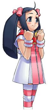 Rule 34 | 1girl, absurdres, ball, black hair, blush stickers, bow, clenched hands, dress, edaki shin'ya, from side, game cg, hair bow, hands up, highres, horizontal-striped thighhighs, justice gakuen, karuizawa momo, long hair, moero! justice gakuen, multiple hair bows, non-web source, official art, shoes, simple background, smile, sneakers, solo, striped clothes, striped sweatband, striped thighhighs, tennis, tennis ball, thighhighs, transparent background, twintails, white background