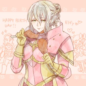 1boy 2girls armor arthur_(fire_emblem_fates) chicken_(food) chicken_leg crumbs eating effie_(fire_emblem) elise_(fire_emblem) fire_emblem fire_emblem_fates food green_eyes grey_hair happy_birthday heart meat multiple_girls nintendo shourou_kanna