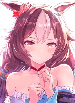 1girl animal_ears bare_shoulders blue_sleeves blush closed_mouth dress hair_between_eyes highres horse_ears horse_girl kanon_(user_rrhr4244) long_hair looking_at_viewer multicolored_hair off-shoulder_dress off_shoulder purple_eyes purple_hair solo two-tone_hair umamusume white_dress white_hair yamanin_zephyr_(umamusume)