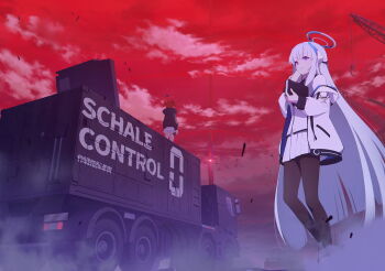 2girls artist_request black_jacket black_pantyhose blue_archive blunt_ends blush book boots double_bun game_cg hair_bun halo highres holding holding_book jacket long_hair maki_(blue_archive) motor_vehicle multiple_girls noa_(blue_archive) non-web_source official_art pantyhose parted_lips pleated_skirt purple_eyes red_hair red_sky skirt sky smile truck very_long_hair white_boots white_halo white_jacket white_skirt