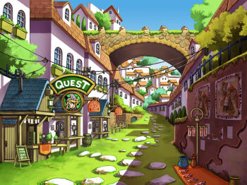 bridge bruno_dondurma building cable fromage_financier furry grass house in-universe_location little_tail_bronx no_humans official_art path road rock scenery shepherd_republic sign solatorobo tanimeso third-party_source town tree