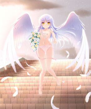1girl alternate_costume angel angel_beats! angel_wings backlighting bare_arms bare_legs bare_shoulders barefoot blush bouquet braid breasts collarbone commission day falling_feathers feathered_wings feathers floating_hair flower full_body gloves gluteal_fold groin hair_between_eyes half_up_braid highres holding holding_bouquet jewelry knees_together_feet_apart legs looking_at_viewer navel nipples no_bra on_stairs otou_(otou_san) outdoors outstretched_hand panties pantyshot parted_lips reaching reaching_towards_viewer rose sidelocks skeb_commission small_breasts solo standing stomach tenshi_(angel_beats!) thigh_gap thighs toes topless_female tsurime underwear variant_set white_flower white_gloves white_panties white_wings wind wind_lift wings yellow_eyes yellow_flower yellow_rose