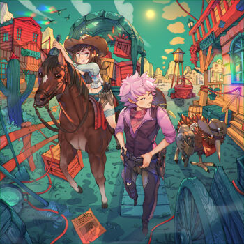 Rule 34 | 1boy, 1girl, alcohol, aqua shorts, artist name, balcony, bandaged leg, bandages, bandaid, bandaid on cheek, bandaid on face, bank, barber, barrel, bird, black pants, black shoes, blue sky, bottle, brown hair, brown horse, brown vest, building, cactus, chaps, cloud, commentary, covered wagon, cowboy fringe, cowboy hat, cowboy western, crate, dated, english commentary, explosive, fence, grey shirt, gun, hair ornament, hairclip, hand on belt, handgun, hat, hat on back, holding, holding bottle, holster, horseback riding, kiwi (bird), liquor, long hair, looking to the side, mountainous horizon, mouth hold, multicolored vest, neckerchief, original, pants, pink hair, pink neckerchief, pink shirt, puddle, railing, red neckerchief, reins, riding, sheriff badge, shirt, shoes, short hair, shorts, shovel, simz, sky, smoke signal, stalk in mouth, sun, tavern, thigh holster, tnt, torn clothes, torn pants, town, tumbleweed, vest, vulture, wagon, walking, wanted poster, water tower, weapon, wooden fence, wooden stairs