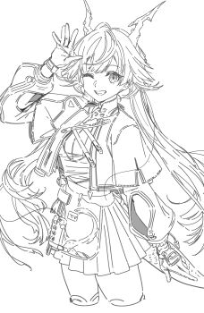 Rule 34 | 1girl, absurdres, arknights, arknights: endfield, arm up, breasts, chen qianyu (arknights), chinese commentary, commentary request, cropped jacket, cropped legs, dragon girl, dragon horns, dragon tail, drive shot, eastern dragon horns, eastern dragon tail, gloves, greyscale, highres, horns, jacket, long hair, long sleeves, looking at viewer, monochrome, one eye closed, open clothes, open jacket, open mouth, simple background, smile, solo, tail, teeth, twintails, white background