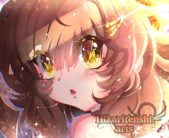 1girl artist_name brown_hair butterfly-shaped_pupils commentary english_commentary highres hikarinotenshi.arts original pale_skin parted_lips portrait seri_(hikarinotenshi.arts) solo symbol-shaped_pupils watermark yellow_eyes