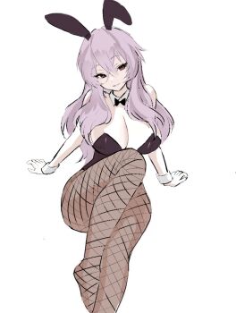 1girl alternate_breast_size animal_ear_hairband animal_ears arms_behind_back bare_shoulders black_leotard bow bowtie breasts brown_eyes cleavage commission crossed_legs detached_collar fake_animal_ears fishnet_pantyhose fishnets hair_between_eyes hairband highleg highleg_leotard hiiragi_shinoa large_breasts leotard long_hair owari_no_seraph pantyhose playboy_bunny purple_hair rabbit_ear_hairband rabbit_ears simple_background sitting smile strapless strapless_leotard thick_thighs thighs traditional_bowtie white_background white_wrist_cuffs wide_hips wrist_cuffs yuunoaboi21