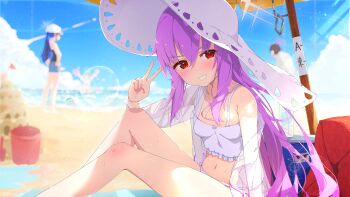 absurdres arius_squad_(blue_archive) atsuko&#039;s_grin_(meme) atsuko_(blue_archive) atsuko_(swimsuit)_(blue_archive) beach_umbrella bikini blue_archive blurry blurry_background frilled_bikini frills grey_halo halo hat highres hiyori_(blue_archive) hiyori_(swimsuit)_(blue_archive) jacket looking_at_viewer meme misaki_(blue_archive) misaki_(swimsuit)_(blue_archive) off_shoulder official_alternate_costume official_art purple_hair saori_(blue_archive) saori_(swimsuit)_(blue_archive) see-through_clothes see-through_jacket sitting smile spice_mega sun_hat swimsuit umbrella v white_bikini white_hat