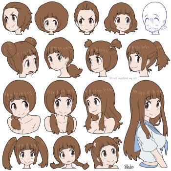 :3 :d alternate_hair_length alternate_hairstyle blunt_bangs blush braid brown_eyes brown_hair closed_mouth highres kill_la_kill long_hair looking_at_viewer mankanshoku_mako multiple_girls multiple_views open_mouth parody ponytail shio_(zsp1jqohfr12495) short_hair short_twintails simple_background smile style_parody twintails