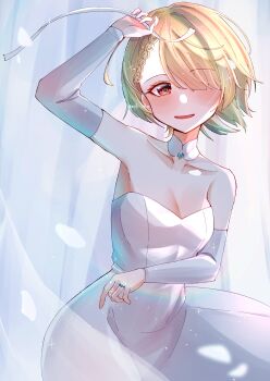 1girl absurdres bare_back bare_shoulders bride brown_hair commentary_request glasses green_eyes heaven_burns_red highres izumi_yuki_(heaven_burns_red) kayamori_ruka long_hair myth_saka short_hair twitter_username yuri