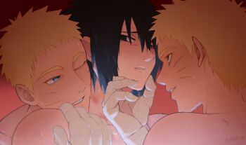 Rule 34 | 3boys, blonde hair, blue eyes, clone, commentary, english commentary, facial mark, group sex, hand on another's chin, highres, looking at another, male focus, mmm threesome, multiple boys, naruto (series), nude, one eye closed, parted lips, red eyes, rinnegan, short hair, smile, sweat, teeth, themidnights0ng, threesome, uchiha sasuke, uzumaki naruto, whisker markings, yaoi