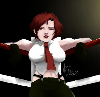 1girl aldrin_buniel aldrinbuniel breasts female_focus huge_breasts jewelry large_breasts looking_at_viewer natsuaru pale_skin pants red_eyes red_hair ring shirt short_hair the_king_of_fighters thick_lips thick_thighs thighs vanessa_(kof) white_shirt