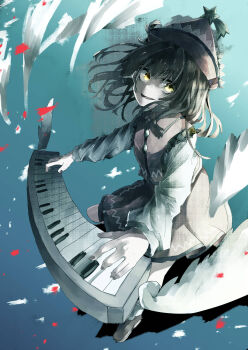 1girl absurdres alternate_eye_color brown_hair cloud collared_shirt floating green_star hair_between_eyes hat hat_ornament highres instrument long_sleeves looking_at_viewer lyrica_prismriver medium_hair muraryo music open_mouth piano playing_instrument playing_piano red_hat red_shirt red_shoes red_skirt shirt shoes skirt sky sleeve_cuffs smile socks solo star_(symbol) star_hat_ornament touhou white_shirt white_socks yellow_eyes