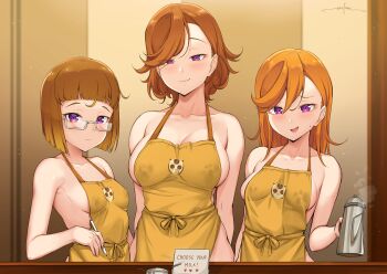 3girls apron blunt_bangs blush breasts brown_hair cafe closed_mouth collarbone counter english_text hair_between_eyes highres holding holding_pen iced_latte_with_breast_milk_(meme) lactation lactation_through_clothes large_breasts long_hair looking_at_viewer looking_over_eyewear love_live! love_live!_superstar!! mature_female medium_breasts meme mother_and_daughter multiple_girls naked_apron nervous_smile no_bra open_mouth orange_hair pen pitcher_(container) pout print_apron purple_eyes shibuya_aria shibuya_kanon shibuya_kanon's_mother short_hair shy siblings sign sisters small_breasts smile standing steam sweatdrop swept_bangs unsfrau upper_body wavy_hair yellow_apron