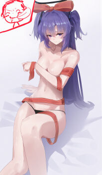 1boy 1girl :p absurdres arm_support bare_shoulders black_panties blue_archive blush bow breasts cleavage closed_mouth collarbone commentary_request covering_breasts covering_nipples covering_privates doodle_sensei_(blue_archive) drooling feet_out_of_frame gift hair_between_eyes hair_bow hair_ornament halo highres large_bow large_breasts long_hair looking_at_viewer mechanical_halo merry_christmas multicolored_eyes naked_ribbon navel nonoka7221 panties purple_eyes purple_hair red_pupils red_ribbon ribbon ribbon_hair sensei_(blue_archive) simple_background sitting sweatdrop thighs tongue tongue_out topless_female triangle_hair_ornament twintails two-tone_eyes two_side_up underwear white_background yuuka_(blue_archive)