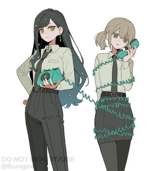 Rule 34 | 2girls, belt, black hair, black necktie, black pants, black skirt, blue hair, bound, brown eyes, brown hair, corded phone, ear piercing, earrings, feet out of frame, formal clothes, gradient hair, hand on own hip, high collar, holding, holding phone, jewelry, long hair, looking to the side, multicolored hair, multiple girls, necktie, orange eyes, pants, pencil skirt, phone, piercing, shirt, short hair, skirt, standing, star (symbol), star earrings, tied up (nonsexual), white shirt, wo habum