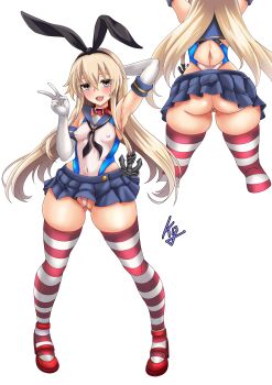 Rule 34 | 1girl, absurdres, anchor hair ornament, ass, black hairband, black neckerchief, blonde hair, blue sailor collar, blue skirt, commentary request, commission, competition swimsuit, covered erect nipples, elbow gloves, full body, gloves, grey eyes, hair ornament, hairband, highleg, highleg one-piece swimsuit, highres, kantai collection, kuga zankurou, long hair, microskirt, miniskirt, multiple views, neckerchief, one-piece swimsuit, pixiv commission, pleated skirt, racerback, sailor collar, shimakaze (kancolle), skirt, striped clothes, striped thighhighs, swimsuit, swimsuit under clothes, thighhighs, two-tone swimsuit, v, white gloves, white one-piece swimsuit