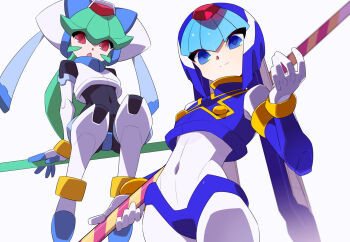 2girls android blue_eyes blue_helmet crop_top fairy_leviathan_(mega_man) fins forehead_jewel green_hair head_fins helmet holding holding_polearm holding_weapon kaidou_zx long_hair looking_at_viewer mega_man_(series) mega_man_zero_(series) mega_man_zx multiple_girls navel pandora_(mega_man) polearm red_eyes robot_girl simple_background staff weapon