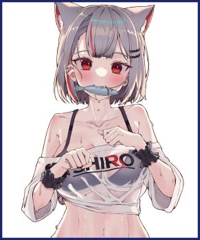 1girl absurdres animal_ears animal_in_mouth bare_shoulders black_bra blue_border blush bob_cut border bra breasts cat_ears cat_girl character_name clothes_writing crop_top cropped_shirt earclip fish grey_hair hair_ornament hairclip hands_up hashtag-only_commentary highres large_breasts looking_at_viewer masinneun_seutaking midriff multicolored_hair navel neneko_mashiro off-shoulder_shirt off_shoulder parallel_hairclips print_shirt red_eyes see-through_clothes see-through_shirt shirt short_hair short_sleeves simple_background solo stellive streaked_hair underwear upper_body virtual_youtuber water_drop wet wet_clothes wet_hair wet_shirt white_background white_shirt