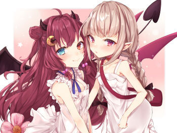 2girls ahoge bag bare_arms bare_shoulders bat_hair_ornament black_wings blue_eyes blush braid breasts brown_hair cleavage cleavage_cutout clothing_cutout collar collarbone crescent crescent_hair_ornament demon_girl demon_horns demon_tail demon_wings double_bun dress flower frilled_dress frills hair_bobbles hair_bun hair_ornament heterochromia hiko_(zem_n) horns long_hair makaino_ririmu makaino_ririmu_(3rd_costume) multiple_girls nijisanji pink_flower pointy_ears red_collar red_eyes red_hair shoulder_bag sidelocks sleeveless sleeveless_dress small_breasts star_(symbol) tail twin_braids two_side_up very_long_hair virtual_youtuber white_dress wings yuzuki_roa
