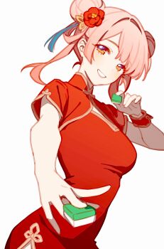 1girl alternate_costume alternate_hairstyle blush breasts china_dress chinese_clothes chinese_commentary commentary_request double_bun dress flower grin hair_bun hair_flower hair_ornament highres holding infinity_nikki looking_at_viewer mahjong mahjong_tile medium_breasts nikki_(nikki) nikki_(series) orange_eyes pink_hair pressplus red_dress red_flower short_sleeves side_slit simple_background smile solo tassel virtual_youtuber white_background