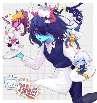 1other 2girls 4boys ant_tenna apron black_hair black_pants black_vest blue_skin closed_eyes collared_shirt colored_skin commentary deltarune elnina_(deltarune) english_commentary furry furry_female furry_male glasses gloves goat_boy green-framed_eyewear grid_background hair_over_one_eye highres holding holding_microphone holding_plate horns kris_(cooking_show)_(deltarune) kris_(dark_world)_(deltarune) kris_(deltarune) lanino_(deltarune) long_sleeves microphone multiple_boys multiple_girls object_head open_mouth pants pink_skin plate purple_hair ralsei ralsei_(cooking_show) red_eyes rouxls_kaard shirt simple_background soratake_53 susie_(cooking_show)_(deltarune) susie_(dark_world)_(deltarune) susie_(deltarune) sweat tears utdr_(toby_fox) vest waist_apron white_gloves white_hair white_shirt