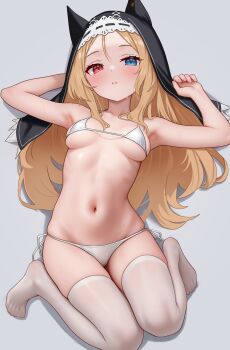 1girl absurdres archetto_(arknights) arknights bikini blue_eyes breasts chinese_commentary commentary_request fanteam grey_background heterochromia highres long_hair looking_at_viewer medium_breasts no_shoes nun nun_headdress parted_lips partial_commentary red_eyes simple_background solo swimsuit thighhighs white_bikini white_thighhighs