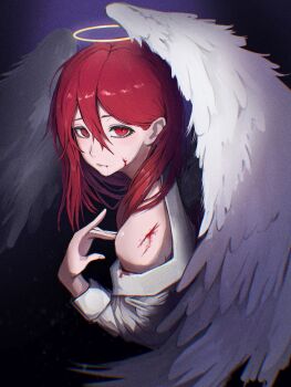 1boy absurdres angel_devil_(chainsaw_man) blood blood_on_clothes blood_on_face blood_on_shoulder chainsaw_man commentary feathered_wings hair_between_eyes halo highres long_hair looking_at_viewer looking_to_the_side male_focus red_eyes red_hair sakuranuts00 shirt solo symbol-only_commentary trap upper_body white_shirt white_wings wings
