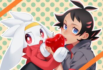 0_8_5_ohako 1boy antenna_hair apple black_hair blue_eyes commentary_request eating eyelashes fingernails food fruit gen_8_pokemon goh_(pokemon) holding holding_food holding_fruit looking_to_the_side nintendo open_mouth outline pokemon pokemon_(anime) pokemon_(creature) pokemon_journeys polka_dot polka_dot_background popped_collar raboot teeth tongue wet