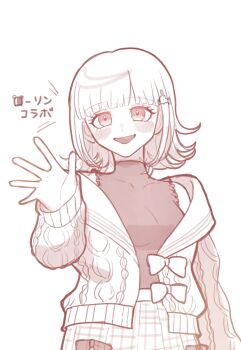 1girl :d blush blush_stickers bow breasts commentary_request danganronpa_(series) danganronpa_2:_goodbye_despair flipped_hair hand_up highres jacket kirin_(suzoke_1) long_sleeves medium_breasts medium_hair monochrome nanami_chiaki official_alternate_costume open_clothes open_jacket open_mouth plaid_clothes plaid_skirt pleated_skirt skirt smile solo translation_request white_background