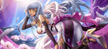 1girl black_gloves boots breasts closed_mouth code_geass code_geass:_lost_stories dark-skinned_female dark_skin dress elbow_gloves f4samurai floating_hair game_cg gloves grey_hair highres large_breasts long_hair looking_at_viewer looking_back official_art smile solo thigh_boots thighhighs villetta_nu yellow_eyes