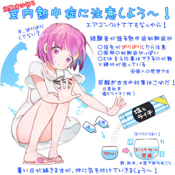 1girl breasts closed_mouth commentary_request cowboy_shot dress fukuga_kurumi fx_senshi_kurumi-chan hair_ornament hairpin highres medium_breasts neck_ribbon open_mouth pink_hair ribbon sandals short_hair short_sleeves solo squatting tansan_daisuki white_dress